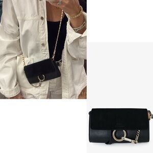 Authentic Chloé Faye Bag Small Black Suede Leather Wallet On Chain Purse